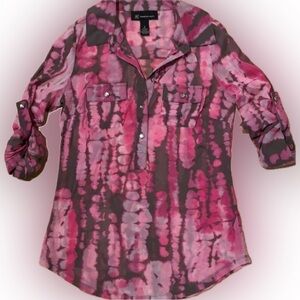 INC International Concepts Button Up Shirt Pink Pattern Gray Top Women’s Small